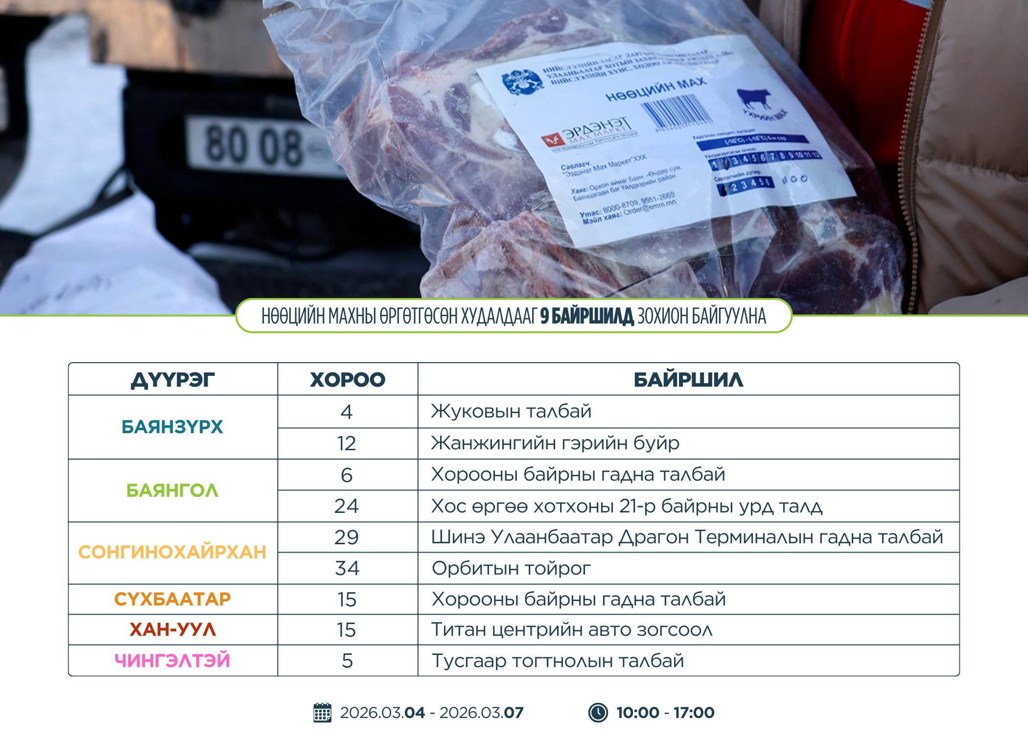 Нөөцийн махны өргөтгөсөн худалдааг 9 байршилд зохион байгуулна